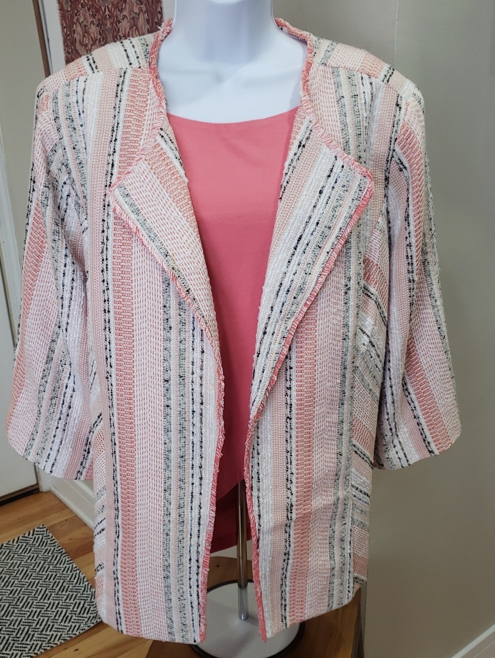 CJ Banks Pink Stripe Open-Front Tweed Blazer, Coral & Pink, 3X